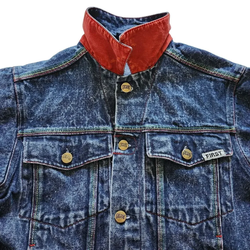 First Girls Heavy Denim Jacket with Colorful Stitching Size Medium
